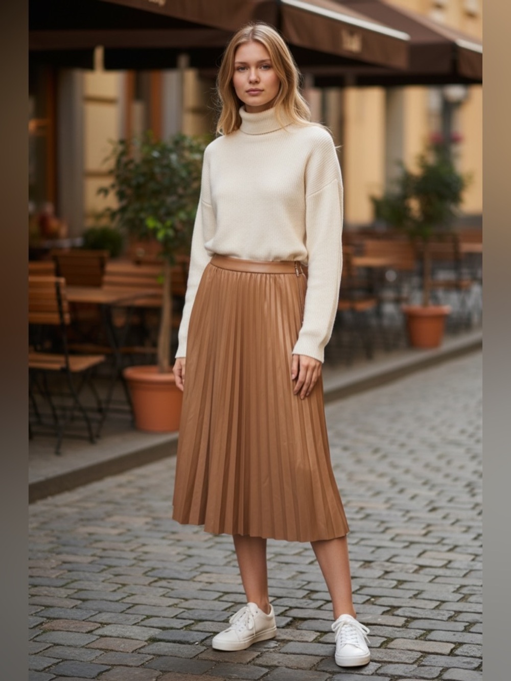 Shop Stevie Camel Pleated Pleather Midi Skirt Medium